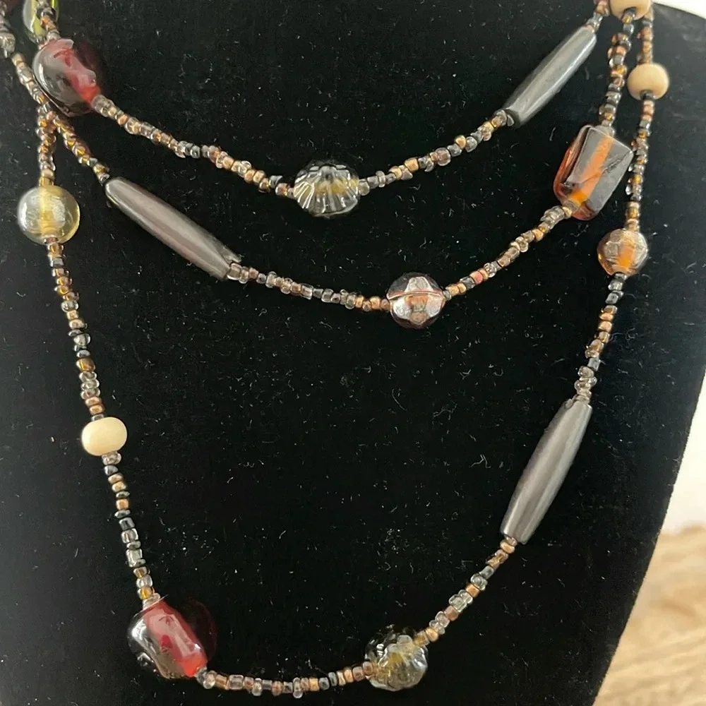 Beaded long necklace glass brown green tan  boho casual